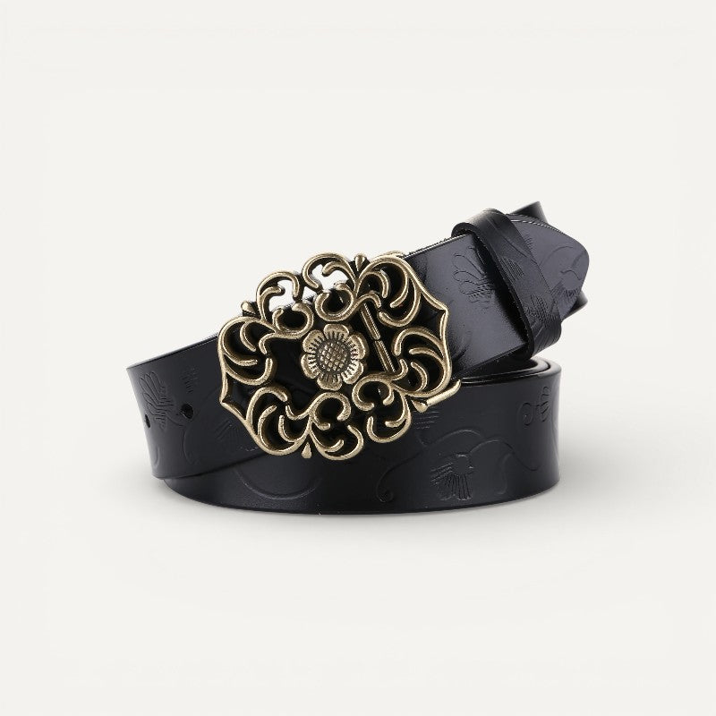 Ceinture Femme en Cuir Gravé à Boucle Fleur Vintage