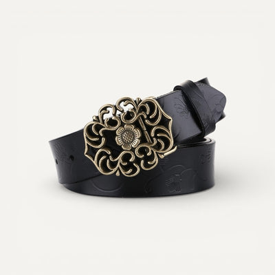 Ceinture Femme en Cuir Gravé à Boucle Fleur Vintage