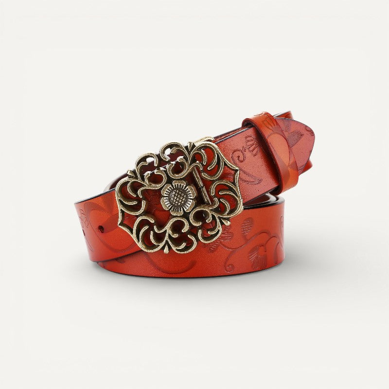 Ceinture Femme en Cuir Gravé à Boucle Fleur Vintage