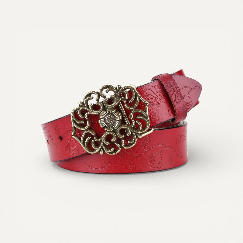 Ceinture Femme en Cuir Gravé à Boucle Fleur Vintage