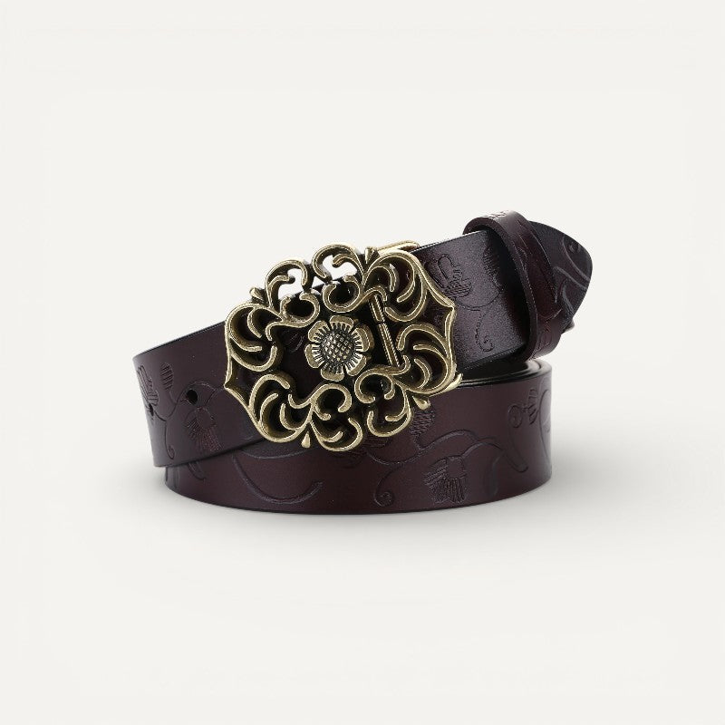 Ceinture Femme en Cuir Gravé à Boucle Fleur Vintage