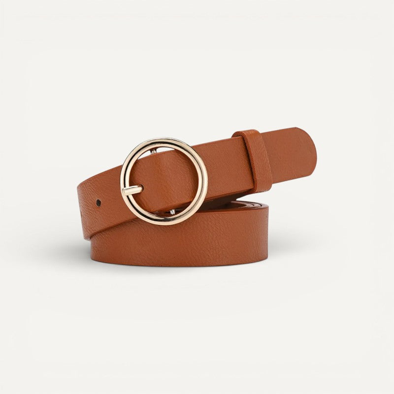 Ceinture Femme Fine en Cuir à Boucle Ronde Dorée