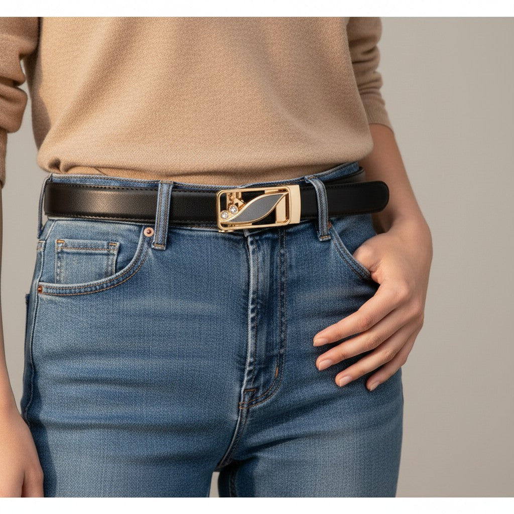 Ceinture Femme Élégante à Boucle Dorée Cœur et Cristaux