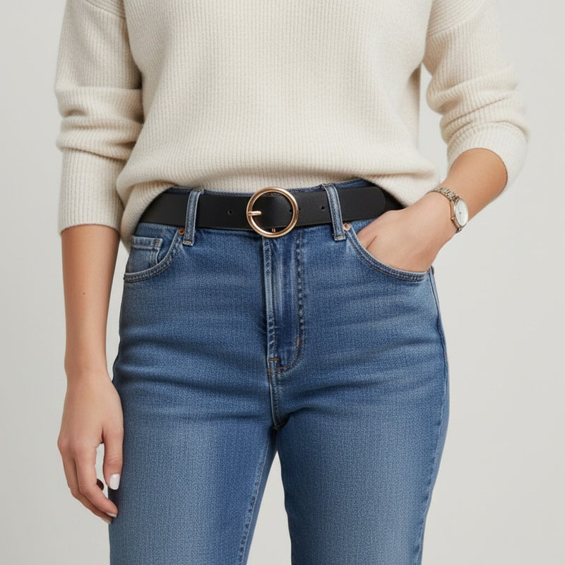 Ceinture en Cuir Femme avec Boucle Ronde Dorée