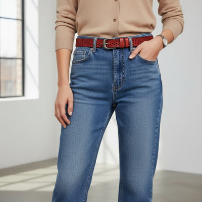 Ceinture Femme en Cuir Rouge Sculpté à Boucle Vintage Élégante