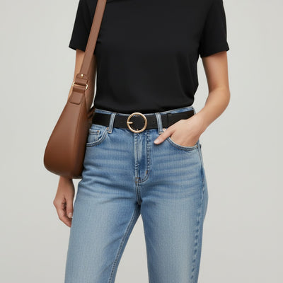 Ceinture Femme Fine en Cuir à Boucle Ronde Dorée