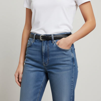 Ceinture Femme Fine en Cuir avec Boucle Classique Argentée