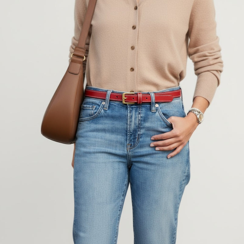 Ceinture en Cuir Rouge pour Femme avec Boucle Dorée