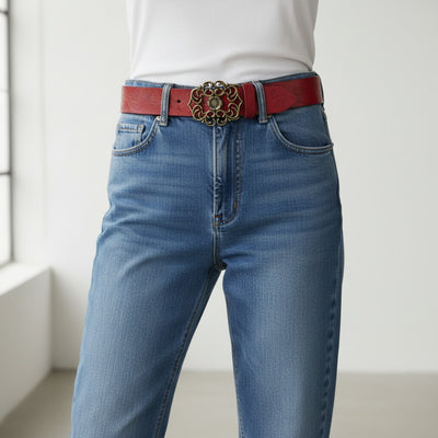 Ceinture Femme en Cuir Gravé à Boucle Fleur Vintage