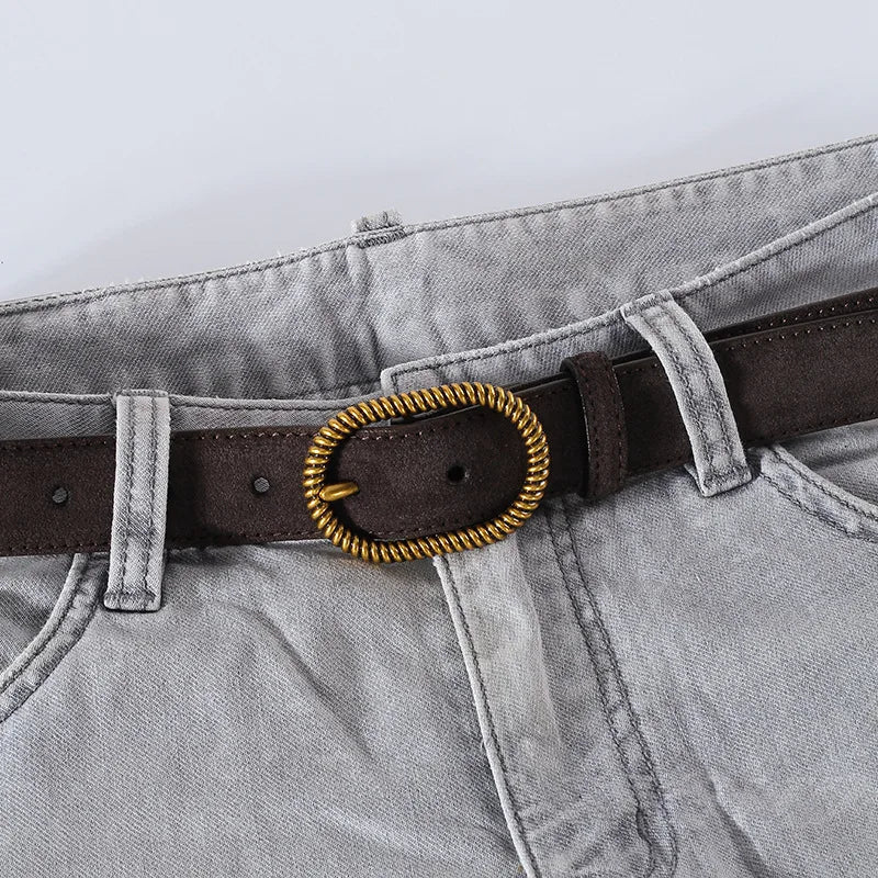 Ceinture Femme en Cuir Velours à Boucle Ovale Dorée