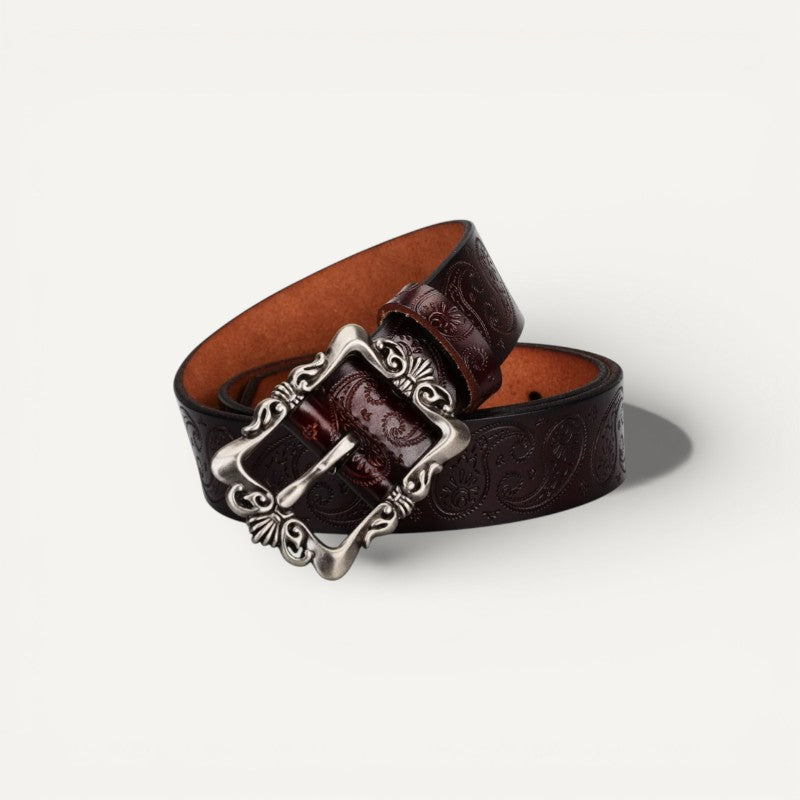 Ceinture Femme en Cuir Gravé avec Boucle Vintage Ornementée