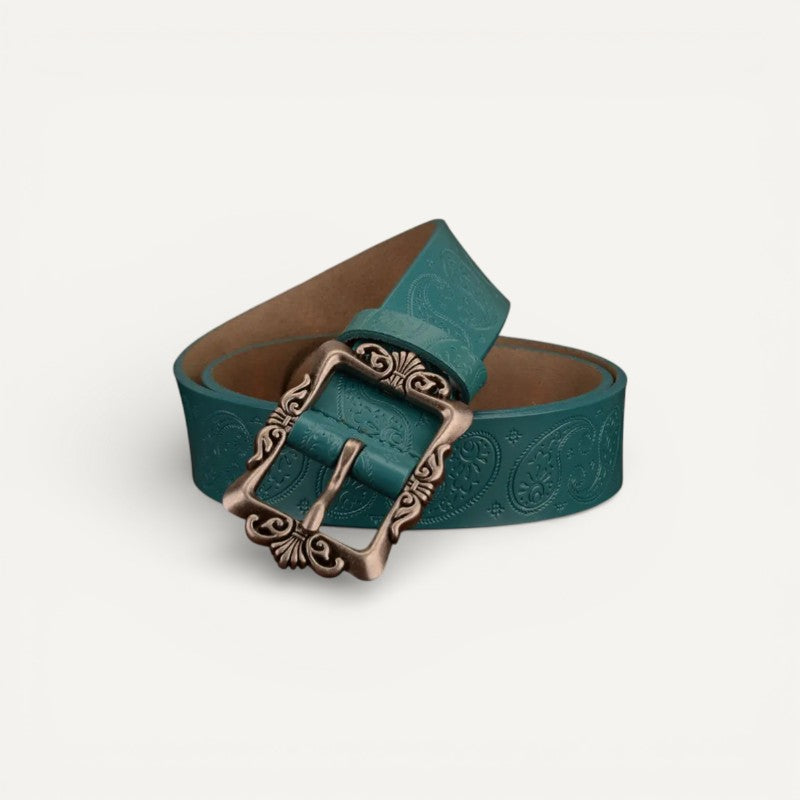 Ceinture Femme en Cuir Gravé avec Boucle Vintage Ornementée