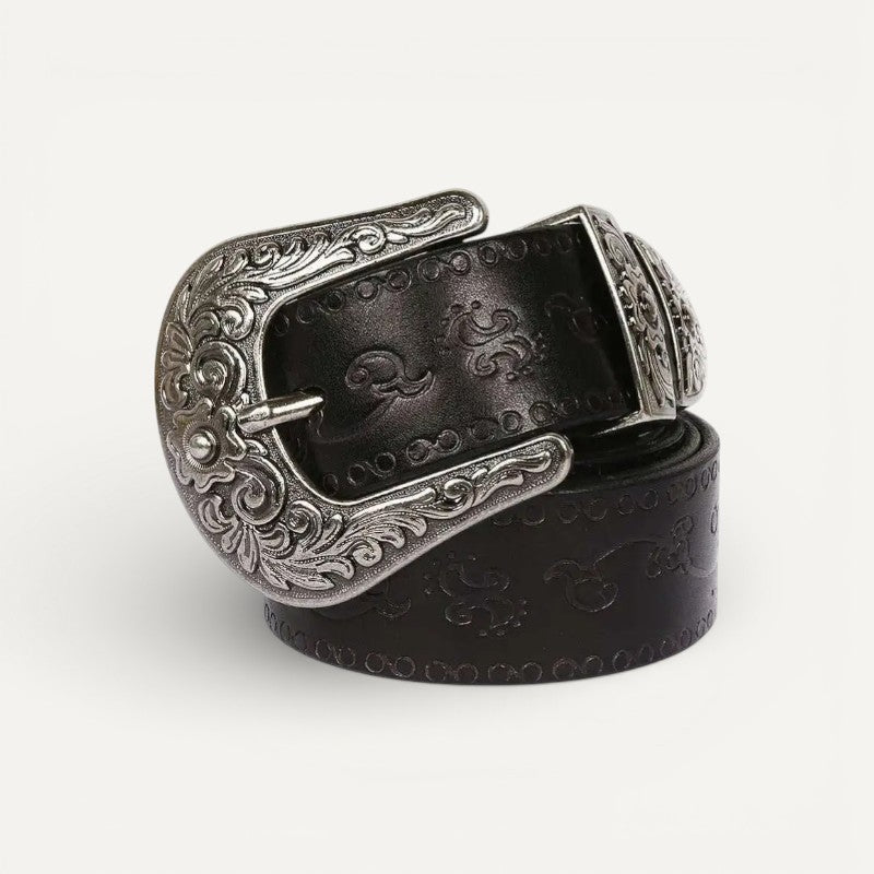 Ceinture Femme en Cuir à Boucle Western Argentée