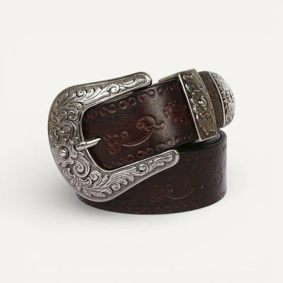 Ceinture Femme en Cuir à Boucle Western Argentée