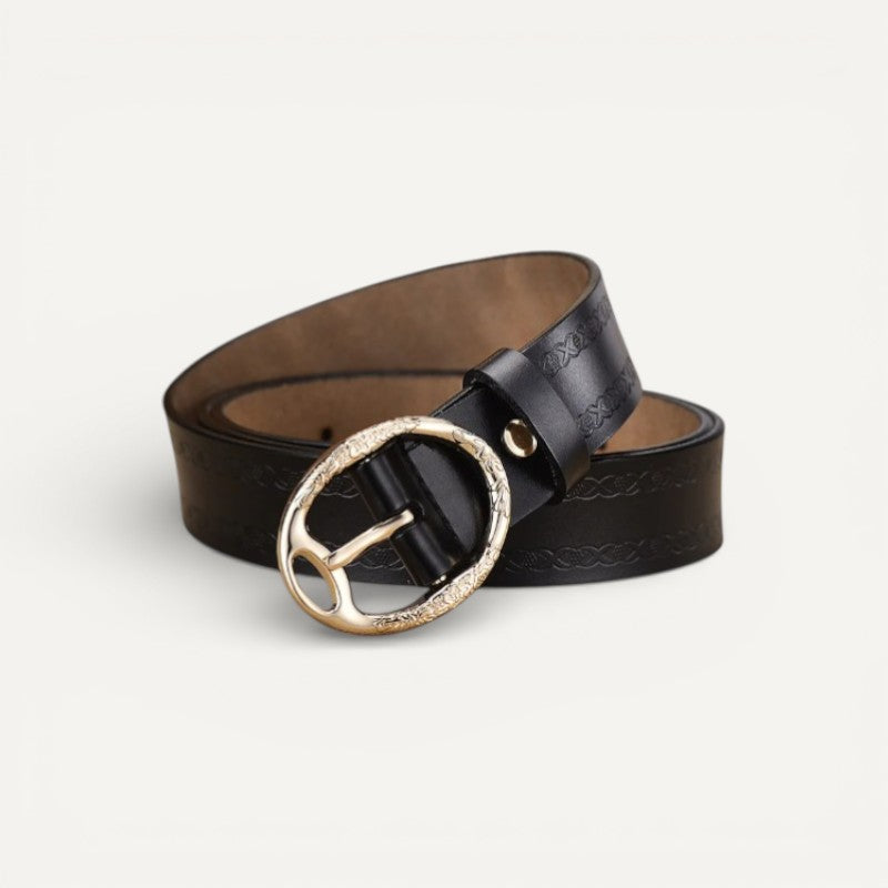 Ceinture en Cuir Femme Gravée avec Boucle Ovale Dorée