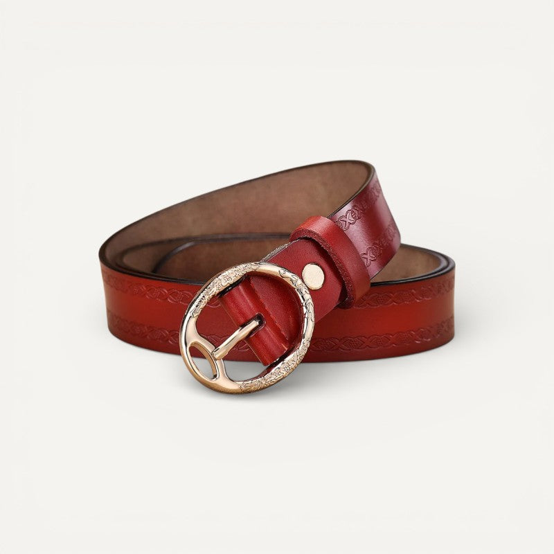 Ceinture en Cuir Femme Gravée avec Boucle Ovale Dorée