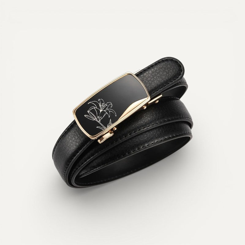 Ceinture Femme Noire en Cuir à Boucle Dorée Motifs