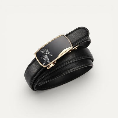 Ceinture Femme Noire en Cuir à Boucle Dorée Motifs