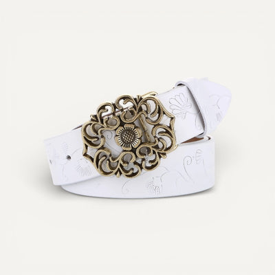 Ceinture Femme en Cuir Gravé à Boucle Fleur Vintage