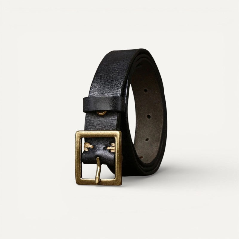 Ceinture Femme Noire en Cuir Vintage à Boucle Dorée Carrée