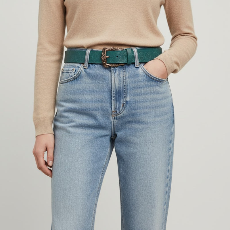 Ceinture Femme en Cuir Gravé avec Boucle Vintage Ornementée