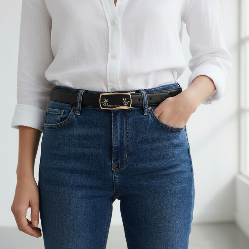 Ceinture Femme Noire en Cuir à Boucle Dorée Motifs