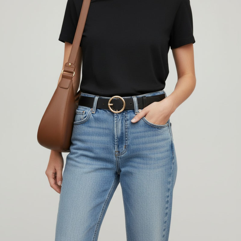 Ceinture Femme Fine en Cuir à Boucle Ronde Dorée