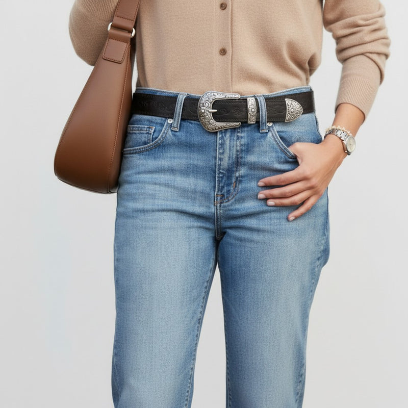 Ceinture Femme en Cuir à Boucle Western Argentée