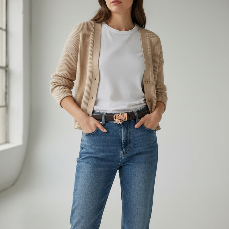 Ceinture Femme en Cuir à Boucle Cœur Dorée et Papillon