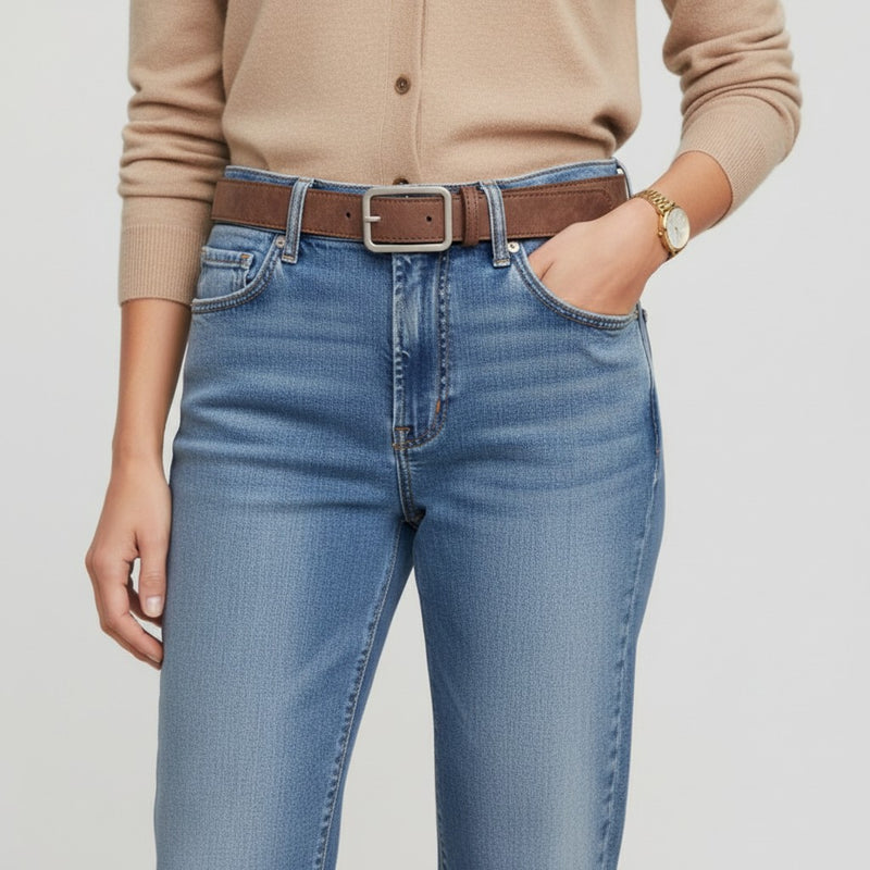 Ceinture Femme en Cuir Suédé à Boucle Rectangulaire Argentée