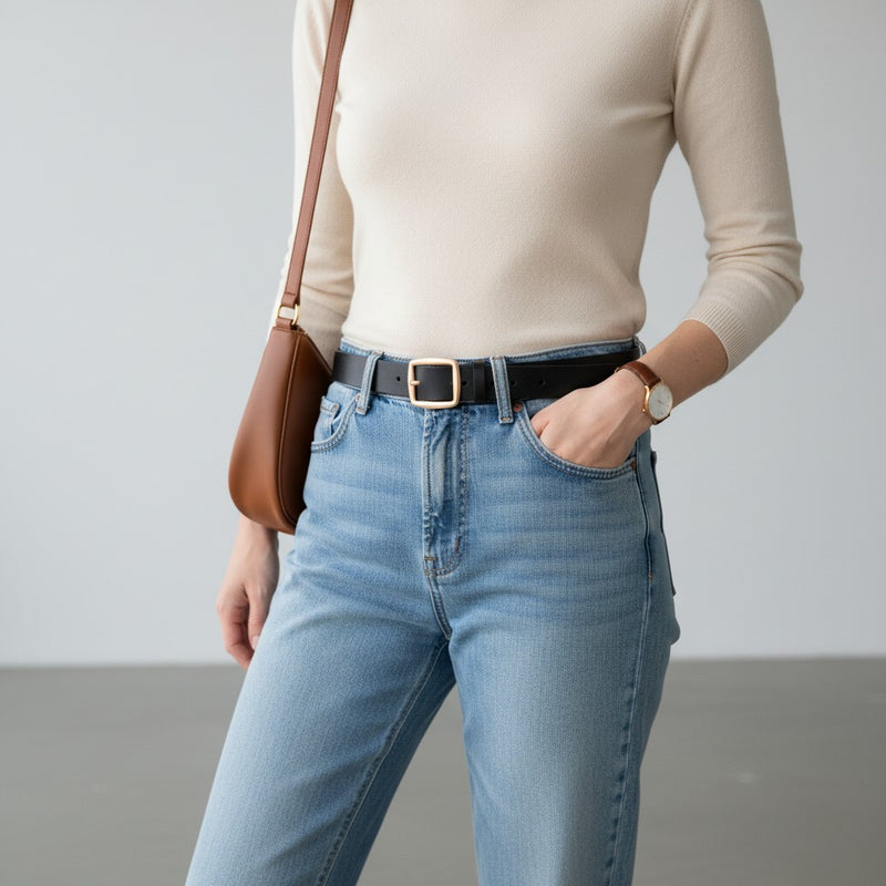 Ceinture en Cuir Femme avec Boucle Carrée Dorée