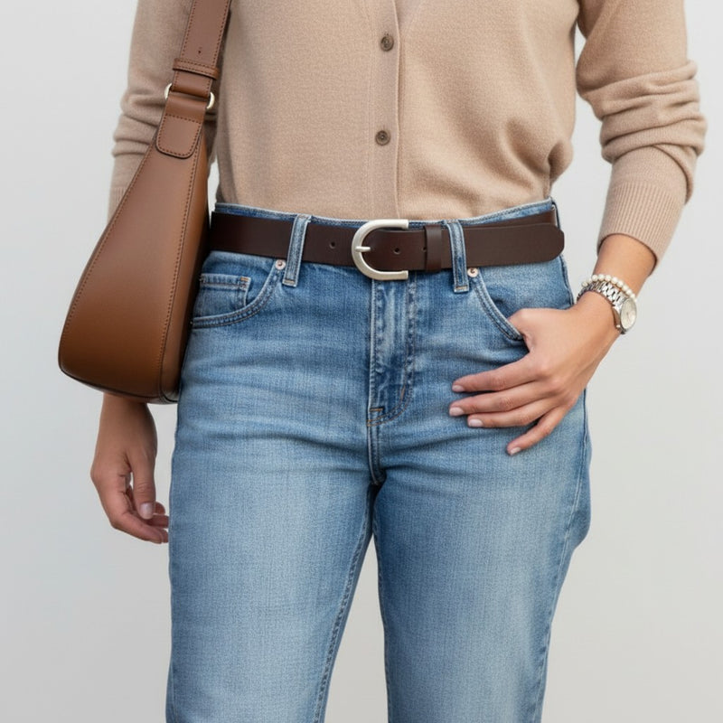 Ceinture Femme en Cuir à Boucle Ovale Argentée