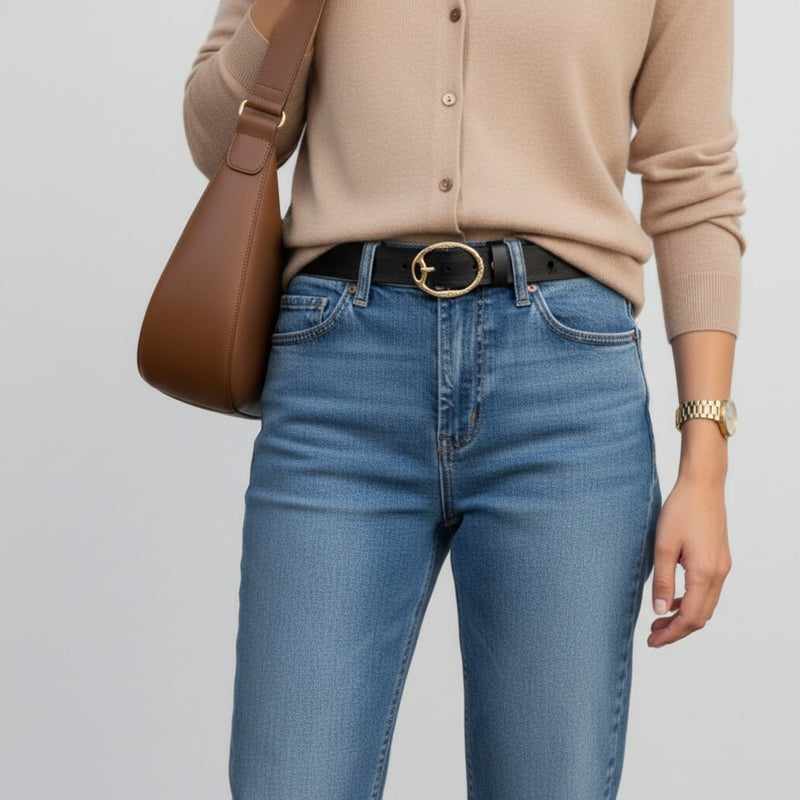 Ceinture en Cuir Femme Gravée avec Boucle Ovale Dorée