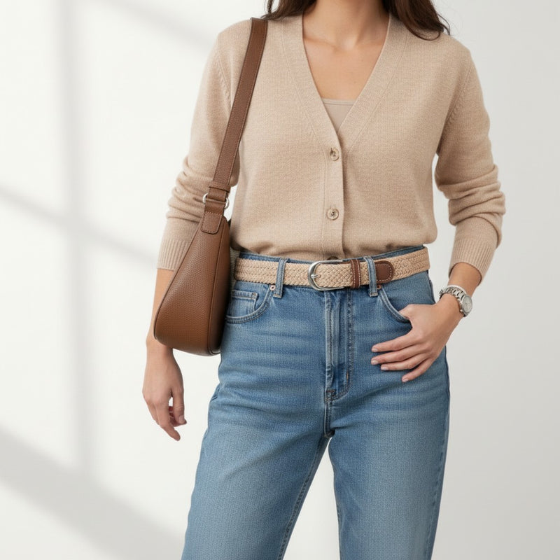 Ceinture Femme Tressée Élastique avec Boucle Argentée Élégante