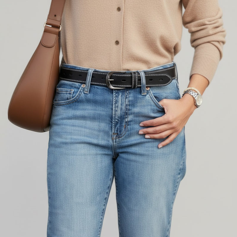 Ceinture Femme en Cuir Surpiqué à Boucle Classique